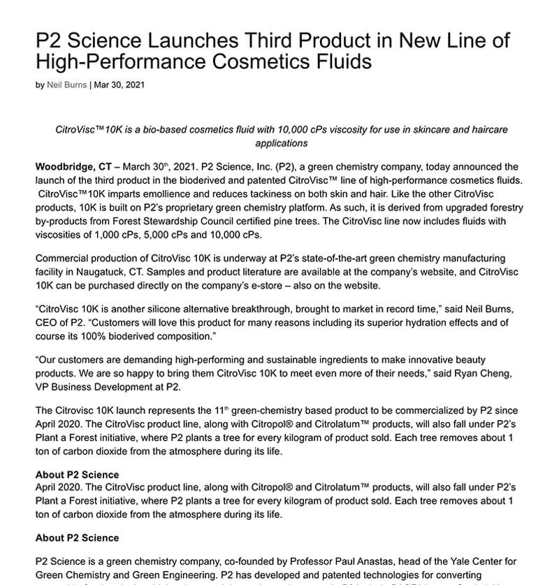 P2 Science, Inc.  Renewable Specialty Chemicals